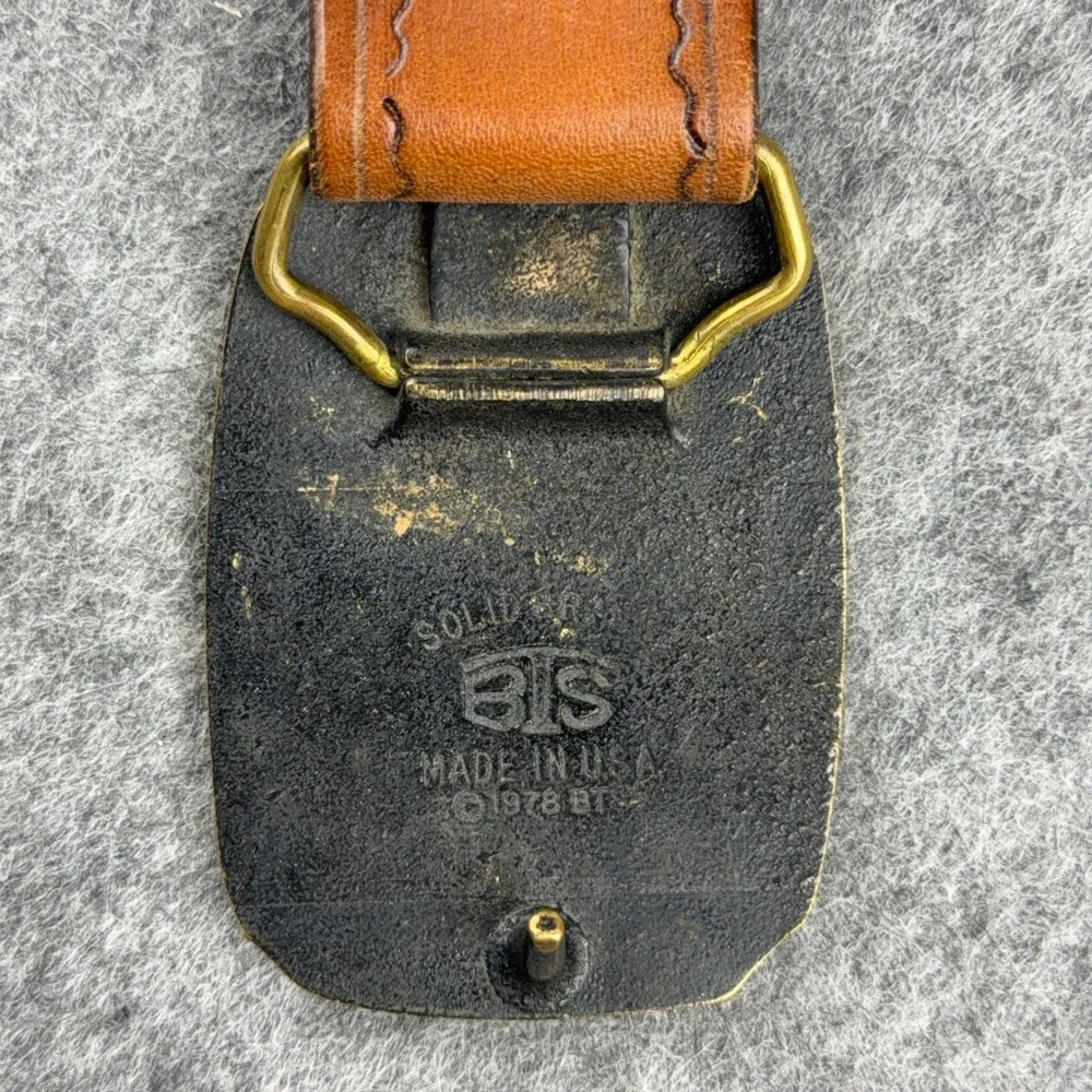 VTG BTS Belt Mens 34 Brown Trout Fish Solid Brass Buckle Leather Western 70s 80s